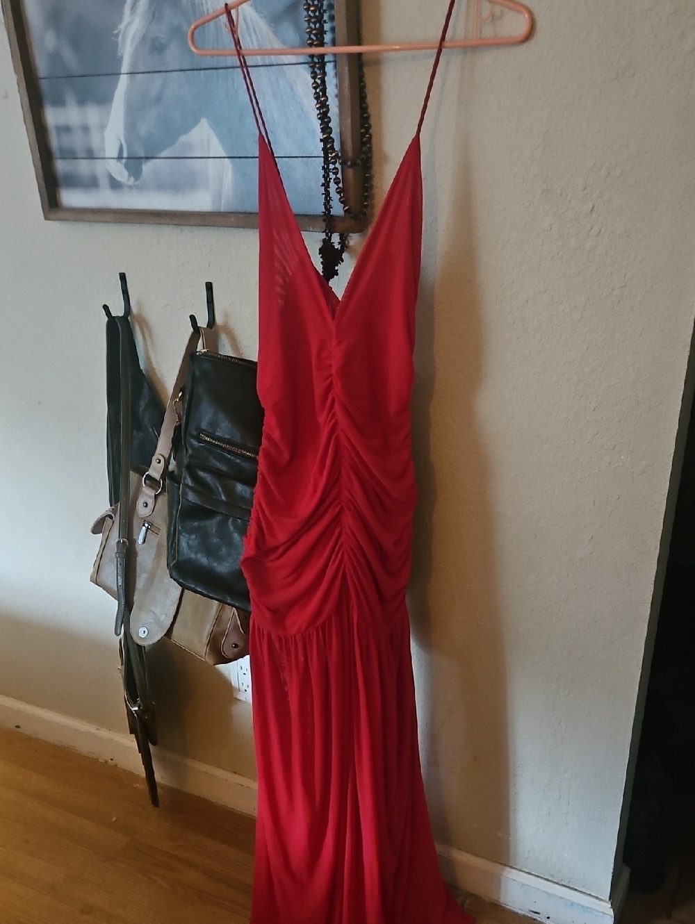 Red Ruched V-Neck Maxi Dress -